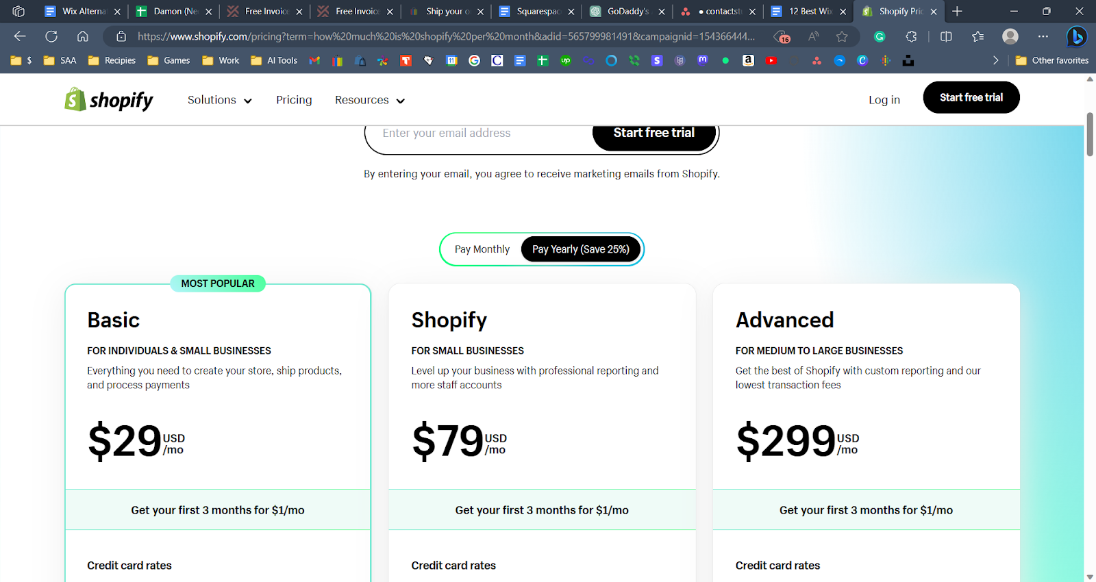 A screenshot of Shopify's pricing plans